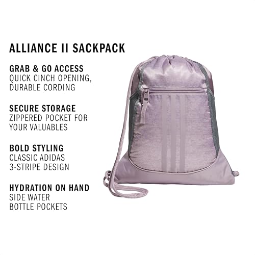 Image of adidas Alliance Sackpack Discontinued, Jersey Preloved Fig Light Purple /Preloved Fig Purple /Silver Metallic, One Size, Alliance Sackpack (12l) Lightweight Athletic Small Drawstring Team Sports Workout