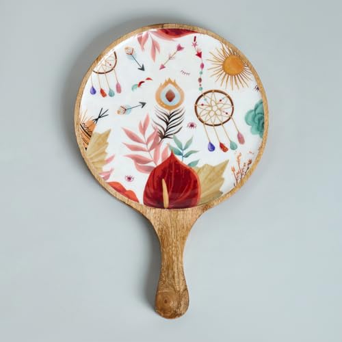 Image of Saaga Burnt Sienna Mango Wood Pizza Serving Tray - Stylish Round Snack Plate (15x10 Inch) for Kitchen, Home, Cafes & Restaurants