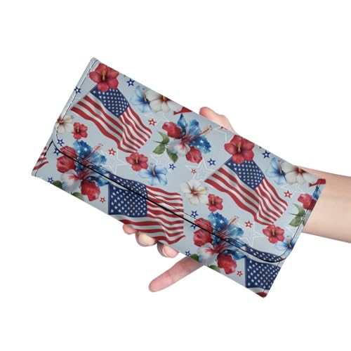 Image of AFPANQZ American Flag Flower Women's Leather Wallet Women Wallets, Soft Leather Trifold Large Capacity Ladies Travel Purse Dust Resistnt Wallet