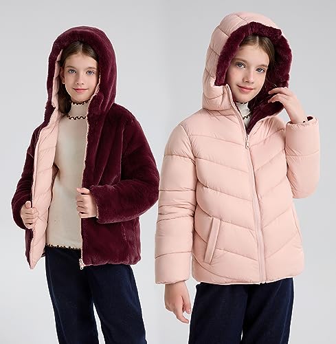Image of maoo garden Girls Winter Reversible Puffer Jacket Kids Heavyweight Faux-Down Fuzzy Fleece Lined Water-Resistant Coat