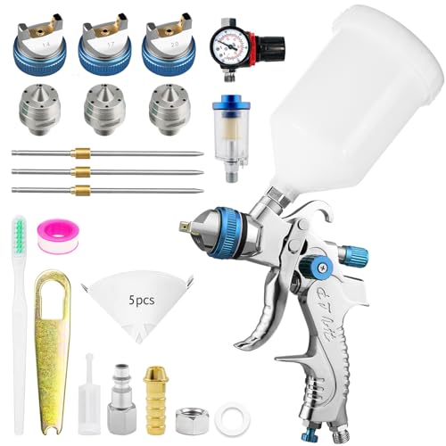 RRJ HVLP Lackierpistole Spritzpistole Kit mit 1,4/1,7/2,0mm, Profi Lackierpistole Druckluft Schwerkraft Sprühgeräte Farbpistole mit 600 ml Plastikbecher Mit Luftdruckregler (Blau)