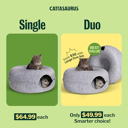 Image of Cattasaurus Peekaboo Cat Cave Donut for Multiple & Large Cats up to 30-45 lbs, 3-in-1 Self Warming Cat Bed, Tunnel & Scratcher for Indoor Cats, Washable & Detachable (Light Gray + Light Gray, Large)