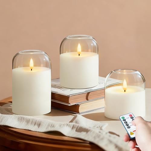 Homemory Glass Flameless Candles, Battery Operated Plliar Candles Realistic Flickering, LED Electric Light with Remote and Timer for Home, Christmas Decoration, White, Set of 3