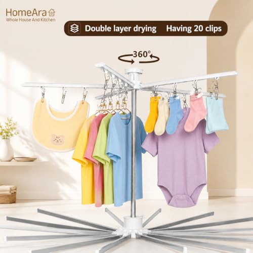 Image of 360 Rotating Clothes Drying Stand with 16 Aluminum Drying Rods & 20 Stainless Steel Clips | Foldable Indoor Outdoor Laundry Drying Rack | 4 Wheels | Compact Space Saving Cloth Dryer Stand