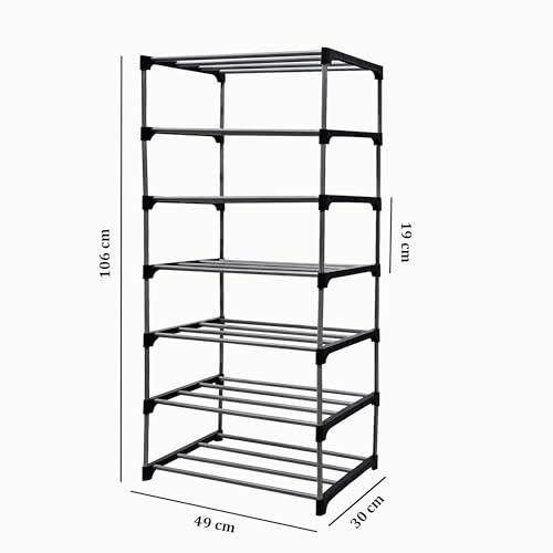 Image of 7 Tier Metal Book Shelf Tall Narrow Storage Rack for Kids and Adults Modern Bookshelf Unit for Nursery, School, Home, and Office, Floor Mount Open