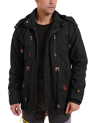 Jaqueta cargo masculina EKLENTSON com forro térmico de lã grossa e capuz removível, Preto, X-Large