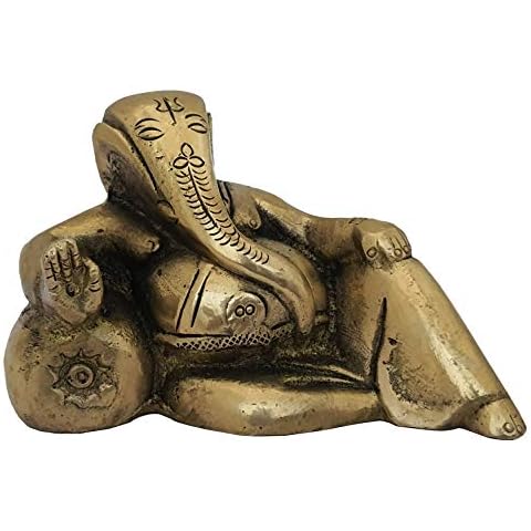 Ganesh Idol Home Temple Decor Mandir Room Decoration Accessories Indian Hindu Lord Sri Ganesha Diwali Pooja Resting Ganpati Murti Puja Articles God Brass Statue Interior Decorative Showpiece - Gold Cover