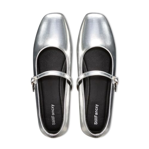 Womens Mary Jane Flats Ballet Flat Dressy Comfortable Slip on Shoes | Daily Comfort Unique Mary Jane Pearlized Leather Slip-On Easy Match Non-Slip Cushion All Seasons Silver