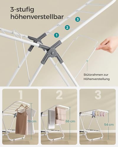 SONGMICS Wäscheständer klein, Faltbare Standtrockner mit 2 Flügeln, platzsparend, Metall, für kleine Kleidungsstücke, Handtücher, Badezimmer, Balkon, 44 x 101 x 54 cm, wolkenweiß LLR504W01