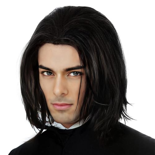 MLPKOI Perruque Homme, Perruques Longue Noire Raie Centrale Droite, 70s 80s Déguisement Perruques de Cheveux, Accessoires de Disco pour Punk Rock Fêtes Halloween Carnaval Cosplay
