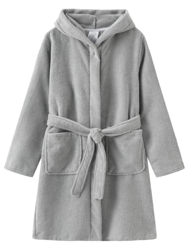 Boys Girls Cotton Robe Lightweight Toddler Hooded Soft Unisex Bathrobe for Kids 6-16 Years