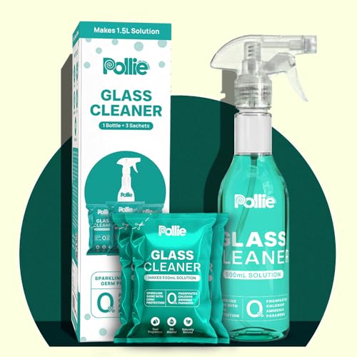 Image of Pollie Glass Cleaner 1.5L | 1 Empty Bottle + 3 Refill Sachets | 1 Sachet Makes 500mL | Gadgets, Electronics, Cars Mirror, Kitchens, Bathrooms & Other Surfaces | Dual Fragrance, Alcohol-Free Formula