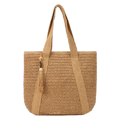 Syrads Bolso de playa de paja para mujer Bolso de mano tejido de verano Bolso de hombro Bolsos boho Hobo,Marrón