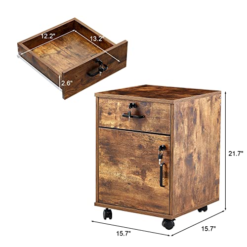 Tukailai Mobile File Cabinet With Lockable Drawer & Door, Under Desk Rolling Filing Cabinet With 4 Wheels, Wooden Stationery Storage Cabinet For Home Office (Rustic Brown) #TOP2