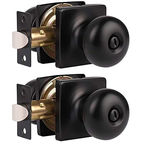 GOBEKOR 2 Pack Keyless Privacy Door Knobs Interior Oil Rubbed Bronze Round Square Bedroom Door Knob with Lock Stainless Steel Door Knobs Cover