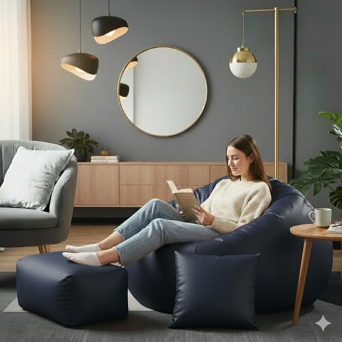 Image of Luxury 5XL Jumbo Bean Bag with Footrest & Cushion | Premium Leatherette | High-Density Beans Filled | Heavy Duty Double Stitch | 6 Months Warranty Color- (Navy Blue) (Navy Blue)