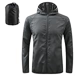 JiaYouLC Men's Packable Lightweight Waterproof Jacket No Pocket Hooded Raincoat in a Bag Sun Protection Windproof Rain Jacket (UK, Alpha, M, Regular, Regular, Black1)