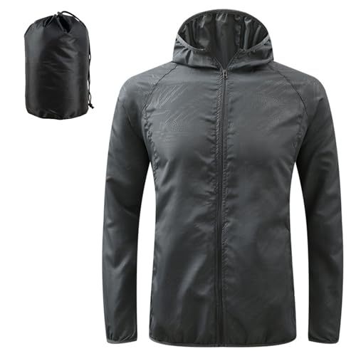 JiaYouLC Men's Packable Lightweight Waterproof Jacket No Pocket Hooded Raincoat in a Bag Sun Protection Windproof Rain Jacket (UK, Alpha, S, Regular, Regular, Black)