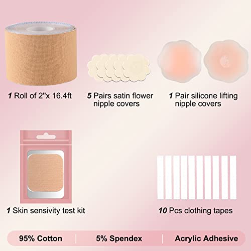 Boob Tape, Replace Your Bra-Instant Breast Lift Tape For A-E, Bob Tape For Breast Lift With 1 Breast Tape, 5 Pairs Satin Breast Petals, 1 Pair Silicone Nipple Stickers, 10 Pcs Double Side Tape (2Inch) #TOP1