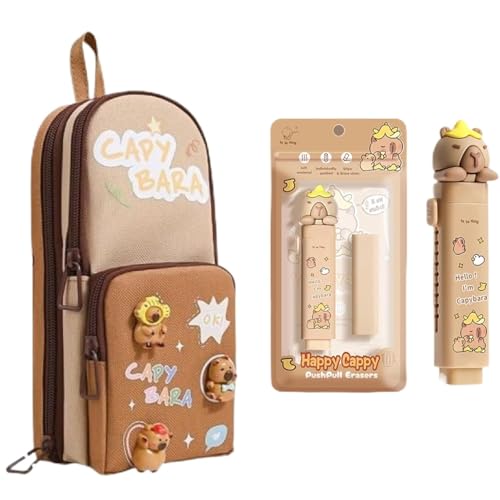 Image of Capybara Pencil Pouch with Eraser, Large Capacity Pen Case | Cute capybara pouch with cartoon eraser, 11 pockets, waterproof fabric and hangable storage for school supplies.
