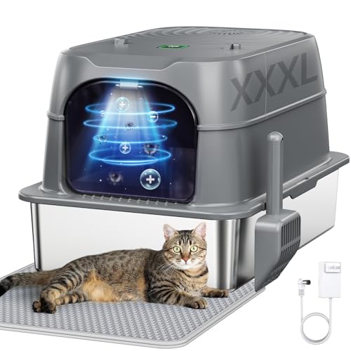スマート臭気コントロール猫用トイレ、XXL ステンレススチール密閉式トイレ、大型猫用プラズマ殺菌消臭剤、赤外線自動一時停止&モニタリング、もう臭いがなく、掃除が簡単の商品画像（Amazon）
