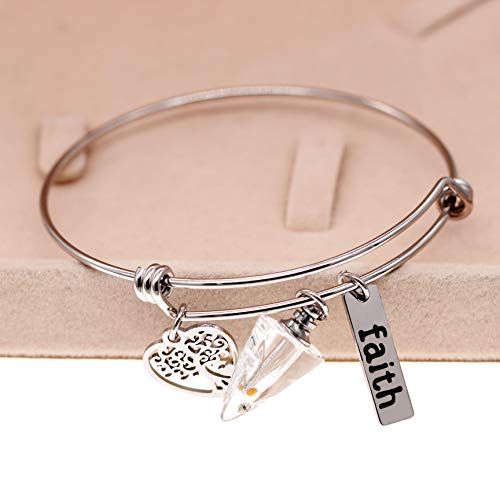 Image of Uloveido Mustard Seed Faith Tree Bangle Bracelet, Stainless Steel, with Glass Charm Bottle Case Y757