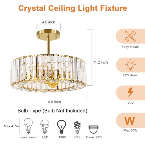 Image of FRIDEKO HOME Gold Crystal Chandelier Ceiling Light - 4-Light Ceiling Light Fixture Modern Ceiling Mount Lights Chandelier for Dinning Room Bedroom Kitchen Entryway (14.56 Inch, Bulb not Included)