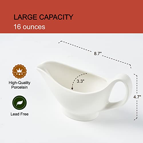 Gravy Boat with Saucer - 16oz Fine Porcelain Sauce & Salad Dressing Boat (White) - Image 3