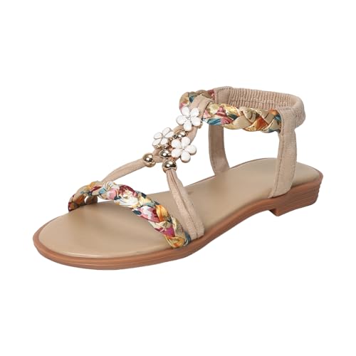 Girls Summer Bohemian Sandals Kids Beach Vacation Open Toe Floral Rhinestone T Strap Dress Flat Shoes Casual Sandal