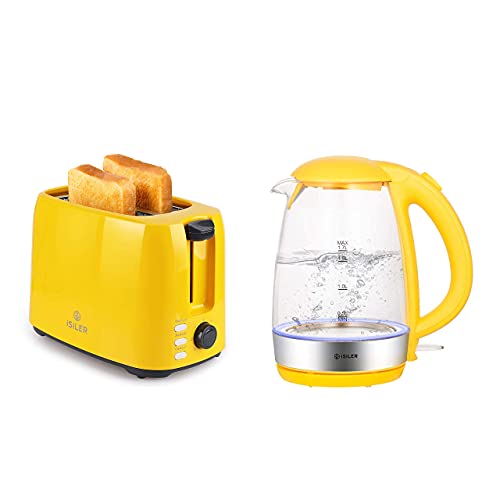 iSiLER 2 Slice Toaster 1.3 Inches Wide Slot Toaster 7 Shade Settings Double Side Baking, 1500W Electric Kettle 1.7 L Tea Kettle Cordless Electric Glass Hot Water Boiler Breakfast Station Set Yellow