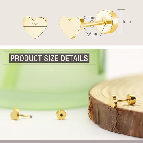 ZDE Women Flat Back Heart Earrings Non-Nickel Star Earrings Titanium Hypoallergenic Cartilage Moon Earrings Stud for Sensitive Ears Simple Classic 5mm Flat Stud Earring2