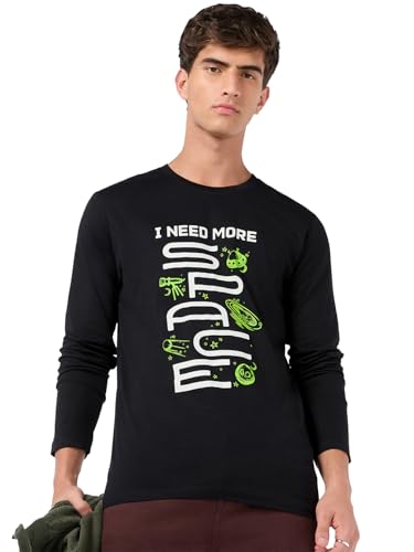 Image of Bewakoof Men's Graphic Print Regular Fit Full Sleeve Round Neck Pure Cotton T Shirt 689697 Black 2XL