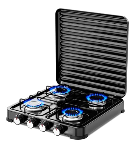 Cocina de Gas portátil de 4 fuego con parrilla, Apta para butano y propano, Tapa protectora extraíble, Ideal para camping, Ocupa poco espacio