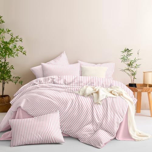Image of Nayoroom Pink Striped Duvet Cover Twin Size White Stripe Duvet Cover Dorm Bedding Set 2 Pieces Soft Lightweight Washed Microfiber Farmhouse Bedding Set Gifts for Women Men