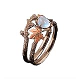 Hebelee Vintage CZ Mapel Leaf Branch Promise Ring for Women Antique Gold-Toned Moonstone Opal Teardrop Statement Layered Wrap Finger Rings Retro Wedding Engagement Party Jewelry Size 7