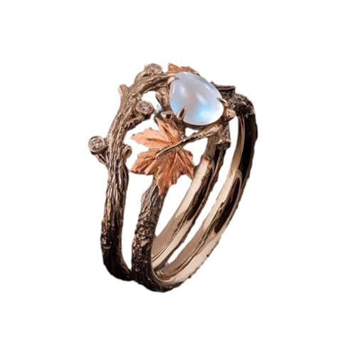 Hebelee Vintage CZ Mapel Leaf Branch Promise Ring for Women Antique Gold-Toned Moonstone Opal Teardrop Statement Layered Wrap Finger Rings Retro Wedding Engagement Party Jewelry Size 7