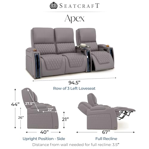 Image of Seatcraft Apex Gray Italian Leather Home Theater Seating, Zero Gravity Power Recliner Chair, Powered Headrest and Lumbar Gaming and Lounge Sofa Furniture for Cinema Room, Row of 3 Left Loveseats