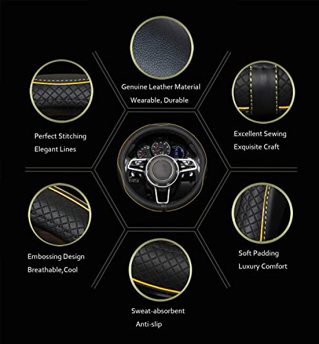 Image of Gomass Car Steering Wheel Cover, Anti-Slip, Safety, Soft, Breathable, Heavy Duty, Thick, Full Surround, Sports Style (Black with Yellow Line)