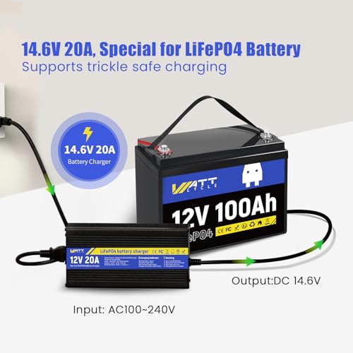 Image of WattCycle 14.6V 20A Intelligent Float Charger - Battery Charger for All Vehicle Types, Sparkless Technology, Lightweight - Protects Li-Ion Batteries with Efficient Charging