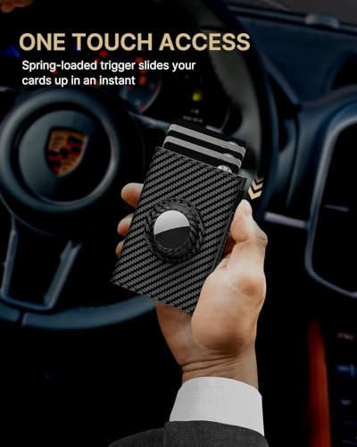 Mens Pop Up Wallet for AirTag: Premium Genuine Leather, RFID Blocking, Smart, Minimalist, 9-14 Card Capacity, ID Window, Cash Slot (Carbon Fiber)4