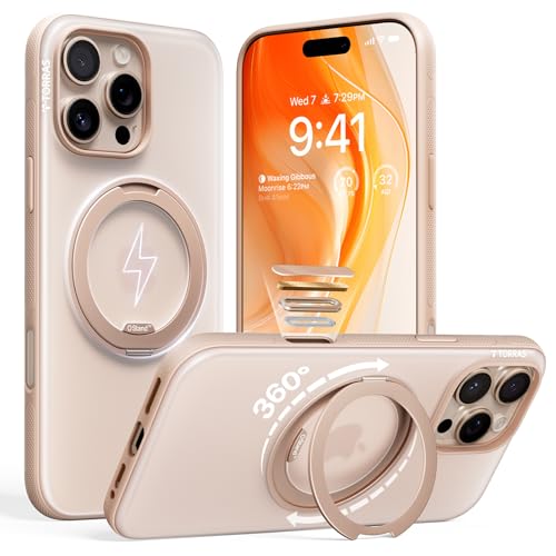 Image of TORRAS 360 Magnetic Stand for iPhone 16 Pro Case, Ostand 3.0 [Fit for MagSafe] [4X Mil-Grade Shockproof] Rotatable Kickstand Cover, Camera Control Button, Translucent Desert Titanium, O3 Fitness