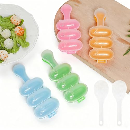 WJUAN 4 Peças Molde de Bolas de Arroz, PP Ferramentas de Bola de Arroz, com 2 Colheres de Arroz, Kit de Fabricação de Sushi Molde com Cabo, 4 Cores, para Casa, Restaurante de Sushi, Festa
