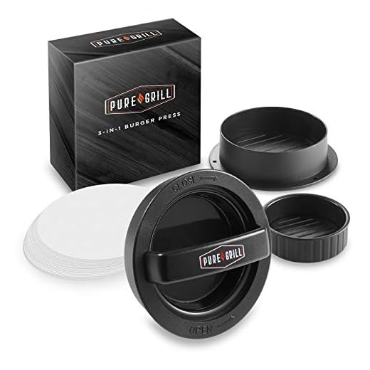 Pure Grill 3-in-1 Burger Press - Patty Maker with 100 Wax Papers for BBQ Grilling Stuffed Hamburgers, Beef Patties and Sliders