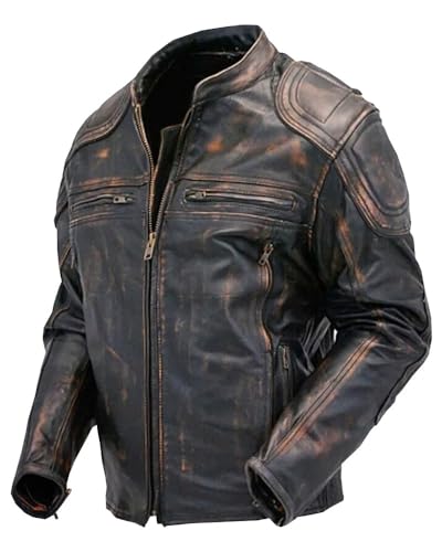Image of Men's Leather Jacket Cafe Racer Biker Style Retro Stripes Jacket, Motorcycle Racing Leather Jacket Men