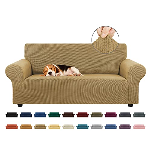 KEKUOU Stretch Loveseat Sofa Cover Slipcover,Couch Covers for 2 Cushion Couch Sofa (55"-78") Furniture Protector Sofa with Elastic Bottom for Kids,Dog. Jacquard Small Checked (Medium,Tan)
