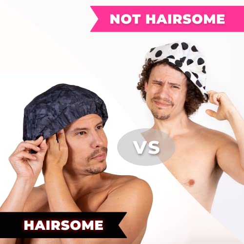 Image of Men Shower Cap For dreadlocks, braids, curls, locs, curly Hair. Waterproof, Reusable, Large shower cap for mens hair. Terry cloth lined, elevated, sleek looking shower caps (Black Camouflage)