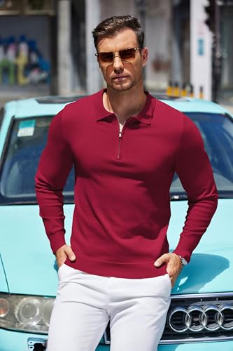COOFANDY Mens Knit Polo Shirt Quarter Zip Slim Fit Pullover Long Sleeve Sweater Polo4