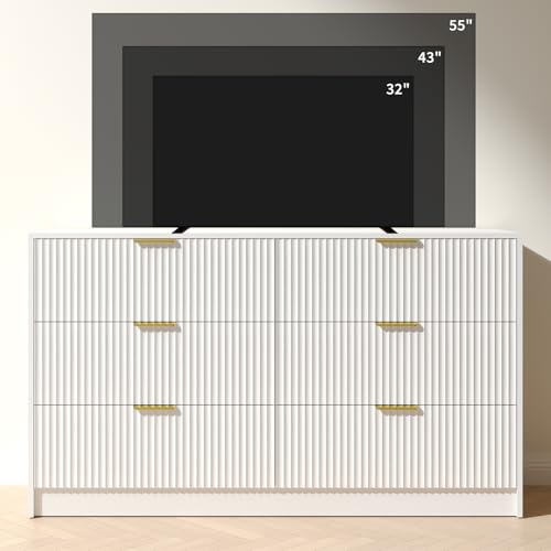 Image of White 6 Drawer Dresser Bedroom,55 inch Wide Large White Fluted Dresser with Gold Handles, Modern Chest of Drawer for Closet, Bedroom, Living Room