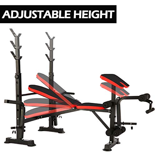 elifine Folding Adjustable Olympic Weight Bench Power Tower Workout Dip Station with Preacher Curl Leg Developer Multi-Functional Weight Bench Set for Indoor Gym Home Fitness Exercise (Black Red)