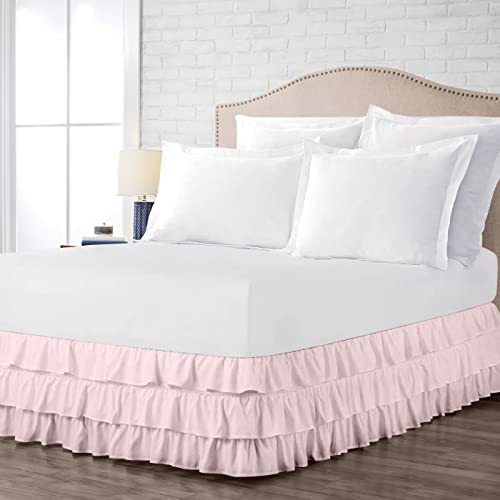 100% Cotton 800 TC Luxury Multi Ruffle Bed Skirt Elastic Dust Ruffles with Wrap Around Bed Skirt 18 Inch Tailored Drop, Queen, Pink